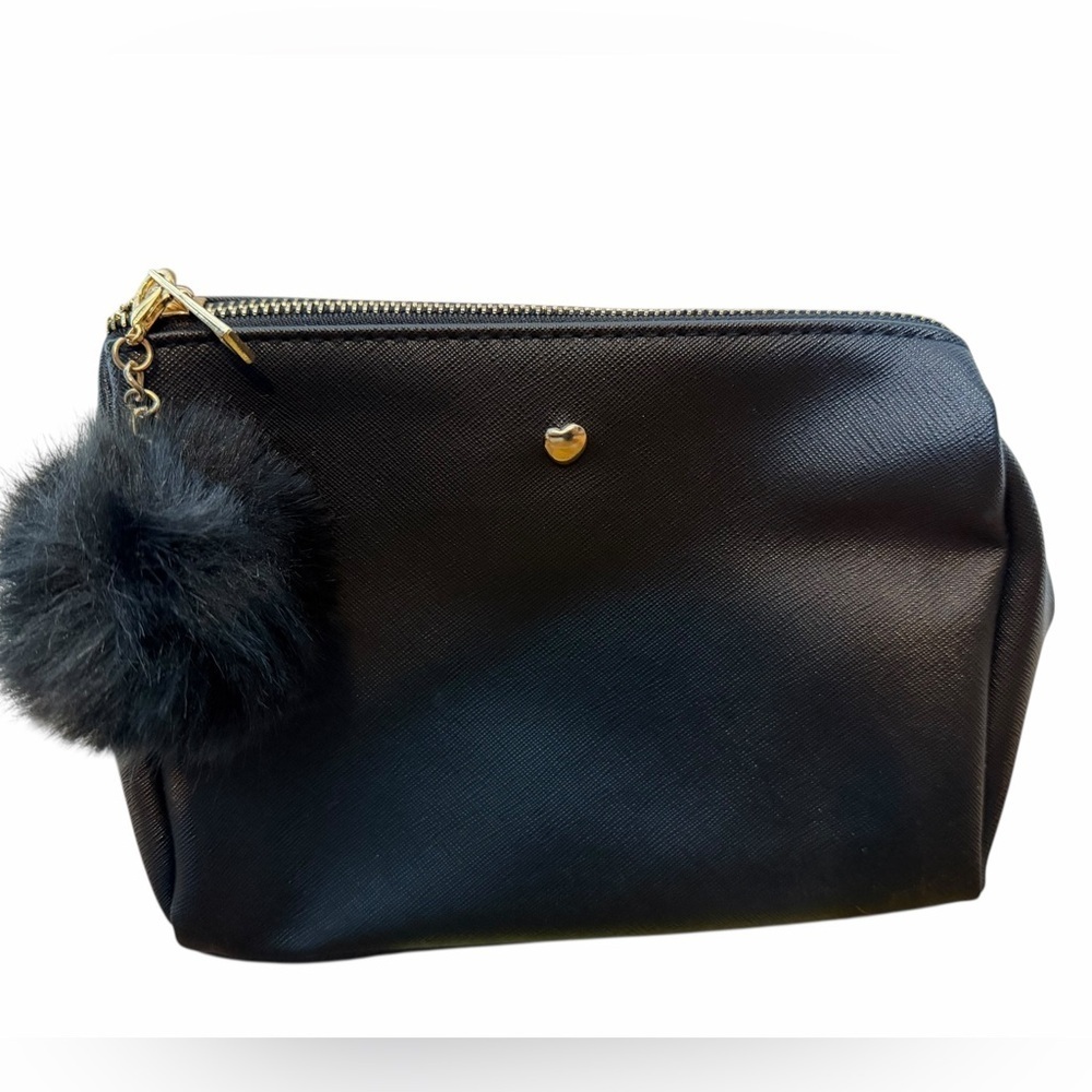 Two Elegant Black Cosmetic Women's Bag with Pom Pom